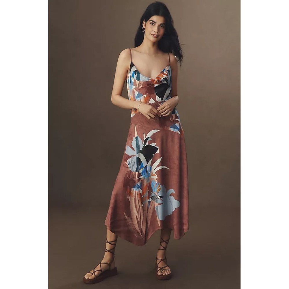 Anthropologie Sleeveless Floral Slip Dress Cowl Neck Midi Large Brown Silky Sexy
